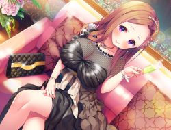 Rule 34 | 1girl, absurdres, asa no ha (awayuki), black dress, blush, bracelet, breasts, brown hair, champagne flute, cleavage, closed mouth, collarbone, copyright request, couch, crossed legs, cup, cushion, dress, drinking glass, dutch angle, earrings, flower, forehead, hair ornament, head tilt, highres, holding, holding cup, indoors, jewelry, large breasts, long dress, long hair, looking at viewer, nail polish, necklace, night, official art, on couch, parted bangs, pink nails, purple eyes, see-through, see-through dress, side slit, sitting, smile, solo, sparkle, upskirt, window