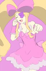 Rule 34 | 10s, 1girl, bad id, bad tumblr id, big hair, blonde hair, bow, breasts, cleavage, dress, eyepatch, closed eyes, hair bow, harime nui, heart, kill la kill, laughing, long hair, pink bow, pointing, pointing at viewer, red seiryu, twintails, very long hair, unfinished