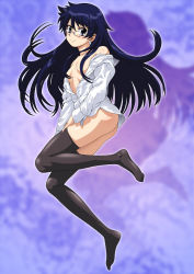 Rule 34 | 00s, 1girl, bare shoulders, black eyes, black hair, black thighhighs, bottomless, censored, censored nipples, convenient censoring, earrings, feet, glasses, hair censor, hair over breasts, jewelry, kouda tomohiro, legs, long hair, naked shirt, no panties, nogami aoi, aged up, shirt, solo, thighhighs, thighs, unbuttoned, white shirt, zettai karen children