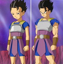 Rule 34 | 00s, 1990s (style), 1boy, artist request, black hair, cabba, comparison, derivative work, dragon ball, dragon ball super, highres, muscular, redesign, retro artstyle, screenshot redraw, serious, shorts, solo, spiked hair, standing