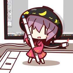 Rule 34 | 1girl, arrow (projectile), blush, blush stickers, bowl, bowl hat, chibi, crescent, drawing tablet, hat, highres, holding, internet explorer, long sleeves, looking at viewer, mini person, minigirl, monitor, nuu (nu-nyu), open mouth, purple hair, rectangular mouth, shadow, short hair, smile, solo, standing, star (symbol), stylus, sukuna shinmyoumaru, touhou, white background, wide sleeves, | |