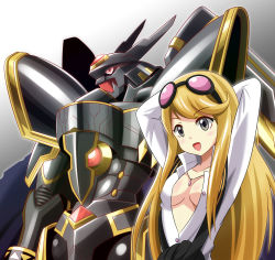 Rule 34 | 1girl, alphamon, armor, arms up, bandai, blonde hair, breasts, cape, collarbone, digimon, digimon story: cyber sleuth, dress, dual persona, eyewear on head, female focus, full armor, gloves, highres, jewelry, kuremi kyouko, long hair, long sleeves, monster, necklace, no bra, open clothes, open dress, open shirt, royal knights, shirt, smile, spoilers, sunglasses, very long hair, white shirt
