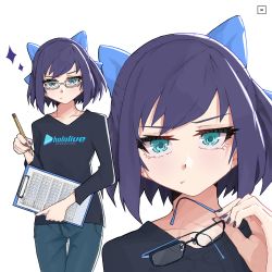 Rule 34 | a-chan (hololive), absurdres, clipboard, flat chest, glasses, highres, holding, hololive, long sleeves, looking at viewer, nicosarea, pout, purple hair, self-upload, short hair, solo, virtual youtuber