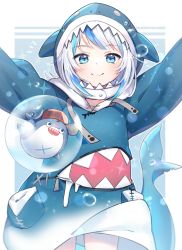 Rule 34 | 1girl, :d, animal hood, bloop (gawr gura), blue background, blue eyes, blue hair, blue hoodie, blush, closed mouth, drawstring, fins, fish tail, gawr gura, gawr gura (1st costume), highres, hololive, hololive english, hood, hood up, hoodie, looking at viewer, multicolored hair, notice lines, open mouth, outline, peta (snc7), shark hood, shark tail, sharp teeth, silver hair, smile, streaked hair, tail, tail raised, teeth, two-tone background, virtual youtuber, white background, white outline