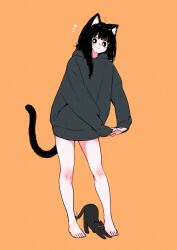 Rule 34 | 1girl, animal ear fluff, animal ears, barefoot, black cat, black hair, black hoodie, blush stickers, cat, cat ears, cat girl, cat stretch, cat tail, closed mouth, commentary request, full body, highres, hood, hood down, hoodie, long sleeves, megateru, orange background, original, puffy long sleeves, puffy sleeves, simple background, sleeves past wrists, smile, solo, standing, stretching, tail