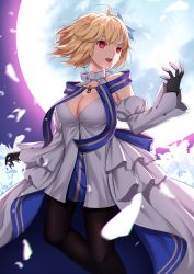 Rule 34 | 1girl, absurdres, archetype earth, arcueid brunestud, blonde hair, breasts, cleavage, fate/grand order, fate (series), hair intakes, hair ornament, highres, looking away, melty blood, moon, open mouth, pantyhose, petals, red eyes, resolution mismatch, short hair, smile, solo, sou skate714, source larger, tsukihime, type-moon