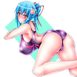 Rule 34 | 1girl, alternate hairstyle, ass, bare shoulders, blue hair, blush, breasts, cameltoe, cleft of venus, competition swimsuit, covered erect nipples, food, fruit, hair ornament, hair ribbon, harumi (harumix), heart, heart-shaped pupils, hinanawi tenshi, huge breasts, impossible clothes, impossible swimsuit, long hair, looking at viewer, looking back, one-piece swimsuit, peach, ponytail, puffy nipples, red eyes, ribbon, smile, solo, swimsuit, symbol-shaped pupils, touhou