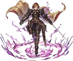 Rule 34 | &gt;:(, 10s, 1girl, animal print, armor, black armor, black knight (granblue fantasy), brown hair, cape, closed mouth, female knight, frown, full armor, full body, gauntlets, granblue fantasy, gun, hair between eyes, unworn headwear, helmet, unworn helmet, holding, holding sword, holding weapon, holster, knight, leopard print, looking at viewer, minaba hideo, official art, pauldrons, sheath, short hair, shoulder armor, solo, spikes, sword, transparent background, unsheathed, v-shaped eyebrows, weapon, white eyes