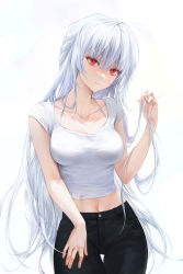 Rule 34 | 1girl, absurdres, bare arms, black pants, bra strap, braid, breasts, closed mouth, collarbone, commentary, eyelashes, halterneck, hand up, head tilt, highres, holding, holding own hair, long hair, looking afar, looking at viewer, navel, original, pants, red eyes, shirt, simple background, smile, solo, symbol-only commentary, tanna, thigh gap, tight clothes, tight pants, tight shirt, very long hair, white background, white hair, white shirt