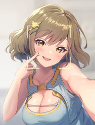 Rule 34 | 1girl, ahoge, anis (nikke), arm up, bare shoulders, blush, breasts, brown eyes, brown hair, buttons, cleavage, commentary request, gloves, goddess of victory: nikke, grey shirt, hair between eyes, hair ornament, hand on own cheek, hand on own face, highres, korinun 0234, large breasts, long sleeves, looking at viewer, selfie, shirt, short hair, simple background, sleeveless, smile, solo, t-shirt, teeth, upper body, white background