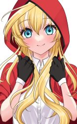 Rule 34 | 1girl, abukuma (kancolle), black gloves, blonde hair, blue eyes, blush, capelet, closed mouth, collared shirt, gloves, hood, hooded capelet, kantai collection, long hair, looking at viewer, official alternate costume, red capelet, shirt, simple background, smile, solo, straight-on, upper body, white background, white shirt, yomogi dango