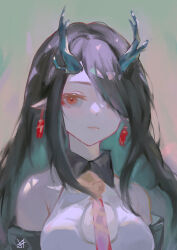 Rule 34 | 1girl, absurdres, arknights, bare shoulders, black hair, breasts, china dress, chinese clothes, cleavage cutout, clothing cutout, dragon girl, dragon horns, dress, dusk (arknights), earrings, hair over one eye, highres, horns, jewelry, lolifreak, long hair, looking at viewer, medium breasts, necktie, one eye covered, pointy ears, portrait, red eyes, red necktie, sleeveless, sleeveless dress, solo, tassel, tassel earrings