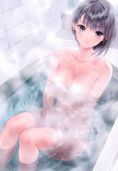 Rule 34 | 1girl, absurdres, bath, blue reflection, blue reflection (series), breasts, cleavage, convenient censoring, grey hair, gust, highres, kishida mel, looking at viewer, medium breasts, nude, official art, purple eyes, shirai hinako, short hair, sitting, solo