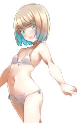 Rule 34 | 1girl, :o, bare arms, bare shoulders, bikini, blue eyes, blue hair, breasts, brown hair, collarbone, comah, front-tie bikini top, front-tie top, groin, highres, looking at viewer, multicolored hair, navel, open mouth, original, short hair, side-tie bikini bottom, simple background, small breasts, solo, swimsuit, two-tone hair, white background, white bikini