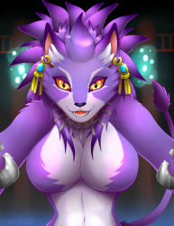 Rule 34 | 1girl, alternate form, animal ears, armlet, breasts, cat ears, cat girl, cat tail, claws, colored sclera, earrings, fangs, furry, highres, isabella (seiken densetsu 3), jewelry, necklace, no nipples, purple fur, purple hair, red sclera, seiken densetsu, seiken densetsu 3, slit pupils, tail, varrio10