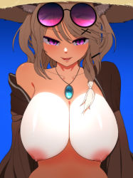 Rule 34 | 1girl, absurdres, animal ears, arknights, asymmetrical hair, black jacket, blue background, blue gemstone, blush, braid, breasts, brown hair, commentary, eyewear on head, fang, gem, hair ornament, hairclip, hat, highres, jacket, jewelry, large breasts, long hair, looking at viewer, necklace, nipples, off shoulder, official alternate costume, open clothes, open jacket, open mouth, pendant, purple-tinted eyewear, purple eyes, round eyewear, shade, side braid, skin fang, smile, solo, stine r, straw hat, sunglasses, swept bangs, tinted eyewear, topless, upper body, utage (arknights), utage (summer flowers) (arknights), x hair ornament