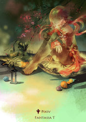 Rule 34 | 1girl, afra, bare shoulders, black pantyhose, branch, cherry blossoms, detached collar, detached sleeves, dress, hand on own chin, long hair, looking at viewer, original, paintbrush, pantyhose, pixiv fantasia, pixiv fantasia t, red hair, shadow, sitting, solo, yarn, yarn ball