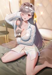 Rule 34 | 1girl, absurdres, bandaged head, bandages, bare legs, barefoot, blush, breasts, character doll, cleavage, collared shirt, commander (nikke), doll, dress shirt, goddess of victory: nikke, grey hair, hair between eyes, hair ribbon, highres, hing, holding, holding doll, large breasts, long hair, looking at viewer, modernia (first affection) (nikke), modernia (nikke), no bra, off shoulder, official alternate costume, on bed, one eye closed, open mouth, red eyes, ribbon, shirt, single hair intake, sitting, smile, solo, underwear, white shirt, wing collar, yellow ribbon