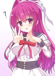 Rule 34 | 1girl, ?, absurdres, blush, bow, breasts, collarbone, copyright request, gradient background, hair between eyes, hair ribbon, head tilt, high ponytail, highres, large breasts, long hair, long sleeves, looking at viewer, parted lips, penetration gesture, ponytail, purple background, purple hair, red bow, red eyes, ribbon, segaxtu, shirt, skirt, solo, very long hair, white background, white ribbon, white shirt, white skirt