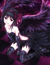 Rule 34 | 10s, 1girl, akemi homura, akuma homura, arm support, bad id, bad pixiv id, bare shoulders, black dress, black gloves, black hair, black thighhighs, black wings, breasts, checkered floor, collarbone, dark persona, dress, elbow gloves, female focus, floor, full body, gloves, hair ribbon, hairband, long hair, looking at viewer, mahou shoujo madoka magica, mahou shoujo madoka magica: hangyaku no monogatari, open mouth, purple eyes, ribbon, shoes, sitting, small breasts, smile, solo, spoilers, strapless, strapless dress, takabow, thighhighs, wariza, wings