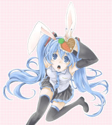 Rule 34 | 10s, 1girl, 2011, animal ears, blue eyes, blue hair, breasts, rabbit ears, carrot, detached sleeves, female focus, from above, hatsune miku, heart, long hair, looking up, matching hair/eyes, necktie, nerikesi36, new year, open mouth, sitting, skirt, solo, thighhighs, twintails, very long hair, vocaloid