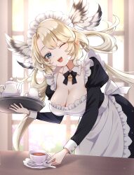 Rule 34 | 1girl, alternate costume, apron, black bow, black bowtie, black dress, blonde hair, blue eyes, bow, bowtie, breasts, cleavage, collar, cup, detached collar, dress, eien project, enmaided, frilled apron, frills, head wings, highres, holding, holding saucer, holding tray, large breasts, long hair, maid, maid apron, maid headdress, one eye closed, open mouth, saucer, second-party source, skye shinryu, solo, table, tea, teacup, teapot, tray, uni (maru231), virtual youtuber, white apron, white collar, wings