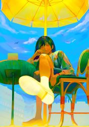 Rule 34 | 1girl, absurdres, bird, black hair, blue sky, chair, cloud, cloudy sky, day, expressionless, full body, highres, ineuoy, long hair, looking at viewer, original, outdoors, pink eyes, shoes, sitting, sky, socks, solo, table, white socks, yellow footwear