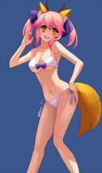 Rule 34 | 10s, 1girl, animal ears, bikini, blue background, breasts, cleavage, collarbone, fate/extra, fate (series), fox ears, fox tail, hair ornament, hair ribbon, hand on own hip, large breasts, long hair, looking at viewer, navel, official alternate costume, open mouth, pink hair, ribbon, side-tie bikini bottom, simple background, smile, solo, swimsuit, tail, tamamo no mae (fate/extra), tamamo no mae (sexy bikini) (fate), twintails, yellow eyes