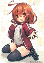 Rule 34 | 10s, 1girl, :d, ahoge, anchor symbol, blush, brown eyes, brown hair, buruma, fang, gym uniform, hair ornament, hairclip, ikazuchi (kancolle), jacket, kantai collection, looking at viewer, open clothes, open jacket, open mouth, outstretched hand, shoes, sitting, smile, sneakers, solo, star (symbol), suzuho hotaru, thighhighs, track jacket, twitter username, wariza