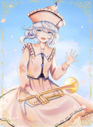 Rule 34 | 1girl, black shirt, blue eyes, blue hair, blue sky, blush, buttons, cloud, cloudy sky, collared jacket, eyes visible through hair, framed image, frills, hair between eyes, hand up, hat, hat ornament, highres, hourai kiriri, instrument, jacket, long sleeves, looking to the side, merlin prismriver, musical note, musical note print, open mouth, petals, pink hat, pink jacket, pink skirt, puffy long sleeves, puffy sleeves, sample watermark, shirt, short hair, sitting, skirt, sky, smile, solo, sun symbol, teeth, tongue, touhou, watermark
