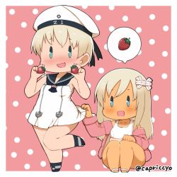 Rule 34 | 2girls, bare legs, blonde hair, blue eyes, blush, capriccyo, chibi, clothes lift, clothes writing, commentary request, dress, dress lift, food, fruit, hair ornament, hair ribbon, hat, hat ribbon, kantai collection, leg up, long hair, multiple girls, nose blush, one-piece tan, open mouth, polka dot, polka dot background, ribbon, ro-500 (kancolle), sailor collar, sailor dress, sailor hat, short hair, smile, standing, standing on one leg, strawberry, swimsuit, swimsuit under clothes, tan, tanline, white dress, z1 leberecht maass (kancolle)