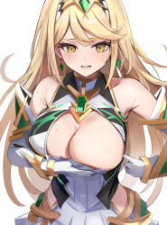 Rule 34 | adjusting clothes, aegis sword (xenoblade), blonde hair, blush, breasts, chest jewel, cleavage, cleavage cutout, clothing cutout, convenient censoring, detached sleeves, gloves, headpiece, highres, large breasts, long hair, mythra (xenoblade), nintendo, open mouth, simple background, super smash bros., tiara, tomas (kaosu22), white gloves, xenoblade chronicles (series), xenoblade chronicles 2, yellow eyes
