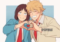 Rule 34 | 1boy, 1girl, :d, ^ ^, blazer, blonde hair, blue background, blue jacket, blush, bob cut, brown hair, cardigan, closed eyes, collared shirt, commentary, english commentary, grid background, heart, heart hands, hetero, iwakura mitsumi, jacket, lightningstrikes, looking at viewer, messy hair, necktie, open mouth, red necktie, school uniform, shima sousuke, shirt, short hair, simple background, skip to loafer, smile, twitter username, two-tone background, upper body, watermark, white background, white shirt, yellow cardigan