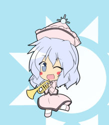 Rule 34 | 1girl, blue background, blue eyes, blush stickers, chibi, dress, female focus, hat, instrument, long sleeves, looking at viewer, merlin prismriver, one eye closed, open mouth, senba chidori, simple background, solo, standing, standing on one leg, sun, touhou, trumpet, white hair, wink