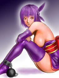 Rule 34 | 1girl, ayane (doa), boots, breasts, chain, chained, clothes pull, cum, cum in mouth, dead or alive, dress, dress pull, elbow gloves, gloves, headband, japanese clothes, large breasts, latex, looking back, nekoi mie, nipples, obi, purple footwear, purple hair, red eyes, sash, short hair, sitting, solo, sweat, tecmo, thighhighs, topless