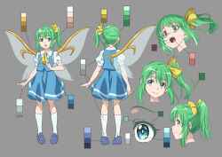Rule 34 | 1girl, :o, ascot, blue eyes, blue footwear, blue skirt, blue vest, character sheet, closed mouth, collared shirt, color guide, commentary request, daiyousei, fairy, fairy wings, full body, green hair, grey background, gyouza (mhea5724), hair ribbon, happy, highres, kneehighs, loafers, medium hair, multiple views, open mouth, puffy short sleeves, puffy sleeves, ribbon, shirt, shoes, short sleeves, side ponytail, sidelocks, simple background, skirt, smile, socks, standing, surprised, teeth, touhou, upper teeth only, vest, white shirt, white socks, wings, yellow ascot, yellow ribbon