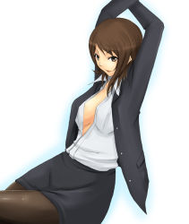 Rule 34 | 1girl, amagami, aona (anagasaki), arms up, bad id, bad pixiv id, breasts, brown eyes, brown hair, formal, jacket, large breasts, open clothes, open shirt, pantyhose, pencil skirt, shirt, short hair, skirt, skirt suit, solo, suit, takahashi maya, teacher