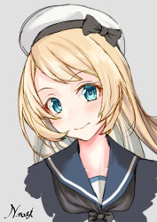 Rule 34 | 1girl, absurdres, black neckwear, blonde hair, blue eyes, blue sailor collar, blush, cropped shoulders, grey background, hat, highres, jervis (kancolle), kantai collection, long hair, looking at viewer, nagisa nagi, portrait, sailor collar, signature, simple background, smile, solo, white hat