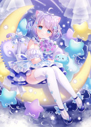 Rule 34 | 1girl, ahoge, animal ear fluff, animal ears, bare shoulders, blue eyes, blue footwear, bouquet, bow, cat ears, cat girl, cat tail, closed mouth, commentary request, crescent, detached sleeves, dress, flower, hair bow, highres, holding, holding bouquet, looking at viewer, pink flower, pink rose, pleated dress, propro production, puffy short sleeves, puffy sleeves, purple flower, purple hair, purple rose, rose, shoes, short sleeves, signature, sitting, smile, solo, star (symbol), tail, tail bow, tail ornament, thighhighs, transparent, twintails, twitter username, umituki yuru, virtual youtuber, wasabi (sekai), watermark, white bow, white dress, white sleeves, white thighhighs