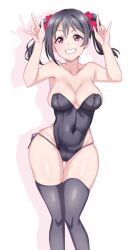 Rule 34 | 1girl, \m/, alternate breast size, bare shoulders, black hair, black leotard, black thighhighs, blush, bow, breasts, cleavage, collarbone, commentary request, covered navel, double \m/, hair bow, hair ornament, highleg, highleg leotard, highres, kotokoto (jumon), leotard, long hair, looking at viewer, love live!, love live! school idol project, medium breasts, navel, nico nico nii, red eyes, shadow, sidelocks, simple background, skindentation, smile, solo, strapless, strapless leotard, teeth, thighhighs, thong, twintails, white background, yazawa nico