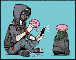 Rule 34 | 1boy, blonde hair, boxers, bracelet, converse, denim, doughnut, dripping, drone, food, graffiti, holding, holding food, holding phone, hood, hood up, hoodie, jeans, jewelry, leather vest, long sleeves, male underwear, mask, pants, patch, phone, pin, robot, shirimoto, shoes, short hair, shoulder spikes, simple background, sleeves rolled up, sneakers, spiked bracelet, spikes, sprinkles, star (symbol), star print, tattoo, torn clothes, underwear, untied footwear, watch dogs 2, wrench (watch dogs), x x