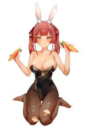 Rule 34 | 1girl, animal ear fluff, animal ears, bare arms, bare shoulders, black leotard, black pantyhose, blunt bangs, blush, breasts, carrot, cleavage, cosplay, cutout above navel, embarrassed, eyepatch, g li, hair ribbon, heterochromia, highleg, highleg leotard, highres, hololive, houshou marine, large breasts, leotard, long hair, looking at viewer, no shoes, pantyhose, playboy bunny, rabbit ears, red eyes, red hair, red ribbon, ribbon, sexually suggestive, sitting, solo, strapless, strapless leotard, torn clothes, torn pantyhose, twintails, undersized clothes, usada pekora, usada pekora (1st costume), usada pekora (cosplay), virtual youtuber, wariza, yellow eyes