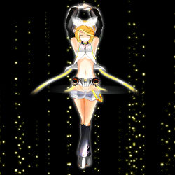 Rule 34 | 1girl, absurdres, arm warmers, armpits, arms up, black background, blonde hair, detached sleeves, dissolving clothes, closed eyes, groin, hair ornament, hair ribbon, hairclip, headphones, highres, kagamine rin, kagamine rin (append), leg warmers, midriff, navel, ribbon, short hair, shorts, solo, vocaloid, vocaloid append, yanmaa