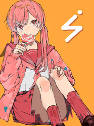 Rule 34 | 1girl, absurdres, candy, cardigan, collarbone, food, hair ornament, hairclip, hand on own knee, head tilt, highres, holding, holding candy, holding food, holding lollipop, i7, lollipop, looking at viewer, nail polish, original, pink cardigan, pink eyes, pink hair, pink nails, pink skirt, pink theme, purple background, redrawn, sailor collar, sitting, skirt, solo, twintails
