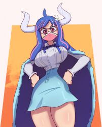 Rule 34 | 1girl, absurdres, ahoge, anger vein, artist request, blue hair, border, breasts, cape, dkajart, from below, hands on own hips, highres, large breasts, looking at viewer, multicolored hair, one piece, pink eyes, pink hair, solo, standing, streaked hair, thighs, two-tone hair, ulti (one piece), white border