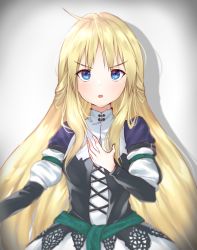 Rule 34 | ahoge, angry, blonde hair, blue eyes, hand on own chest, long hair, princess, serious, shadow, simple background, solo, very long hair, white background, yggdra union, yggdra yuril artwaltz, yuriririril