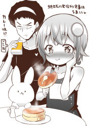 Rule 34 | 1boy, 1girl, :t, afro, animal, bare arms, bare shoulders, blush, closed mouth, collarbone, eating, food, fork, hairband, holding, holding fork, monochrome, muu rian, nose blush, one-piece swimsuit, original, pancake, pancake stack, rabbit, school swimsuit, shirt, short sleeves, simple background, steam, swimsuit, translation request, v-shaped eyebrows, wavy mouth, white background