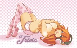 Rule 34 | breasts, brown eyes, headphones, highres, large breasts, pedro perez, red hair, shorts, simple background, thick lips, trizia (pedro perez)
