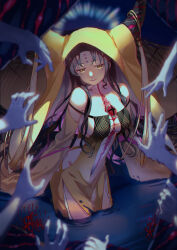 Rule 34 | 1girl, bare shoulders, black hair, breasts, center opening, chinese commentary, clothing cutout, commentary request, demon pillar (fate), detached sleeves, dress, eyeball, facial mark, fate/grand order, fate (series), feet out of frame, flower, forehead mark, forehead tattoo, halo, halo behind head, highres, horn ornament, horn ring, horns, large breasts, long hair, looking at viewer, mixed-language commentary, out of frame, parted bangs, parted lips, partial commentary, pelvic curtain, pink hair, red flower, revealing clothes, sessyoin kiara, sessyoin kiara (beast iii/r), side cutout, sideboob, sidelocks, sleeves past fingers, sleeves past wrists, smile, solo focus, spider lily, tassel, veil, very long hair, water, xuehua, yellow dress, yellow eyes, yellow sleeves