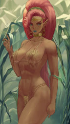 Rule 34 | 1girl, abs, bare hips, blue eyes, blue lips, breasts, choker, circlet, dark-skinned female, dark skin, earrings, eyebrows, functionally nude, hairband, harem outfit, highres, jewelry, large breasts, makeup, muscular, muscular female, navel, nintendo, nipples, ponytail, red hair, revealing clothes, solo, the legend of zelda, the legend of zelda: breath of the wild, thick lips, thick thighs, thighs, urbosa, zefrableu